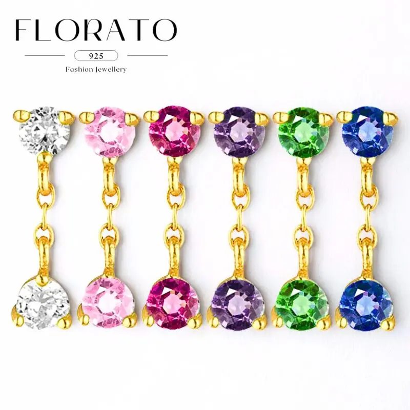 

925 Silver Needle Round Colorful Zircon Link Chain Studs Earrings Crystal Luxury perforation Earrings Fashion Wedding Jewelry