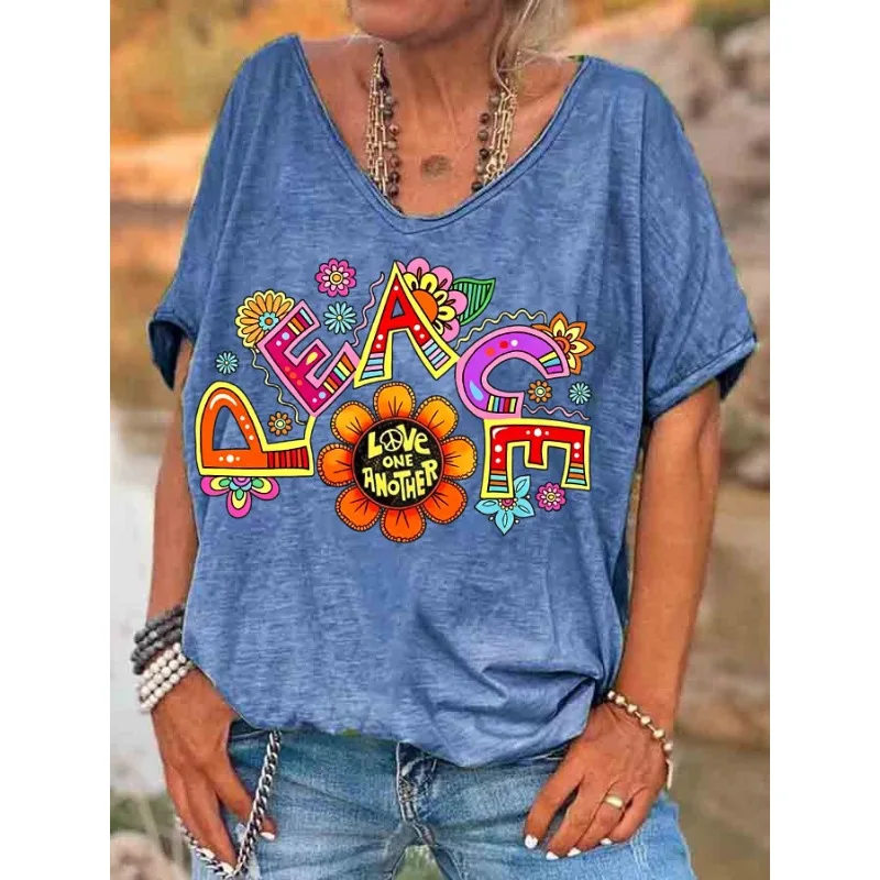 ilstile Women's Hippie Peace Flower Print T-Shirts Summer Holiday Short Sleeve T Shirt Casual Loose V Neck Tops Tees NEW