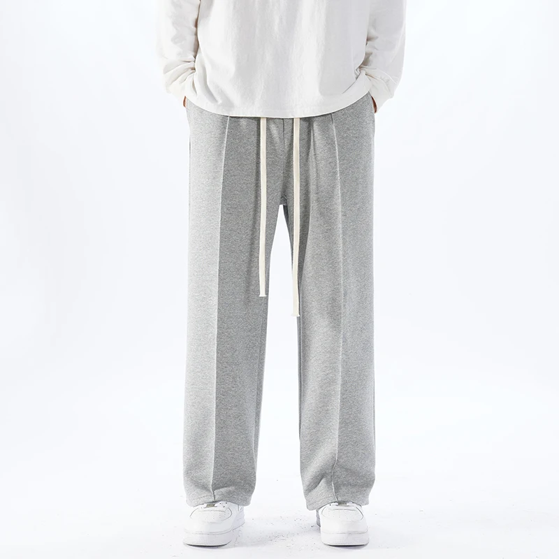 Spring Autumn Men's Pockets Drawstring Elastic High Waisted Loose and Versatile Casual Sports Solid Straight Leg Trousers Pants