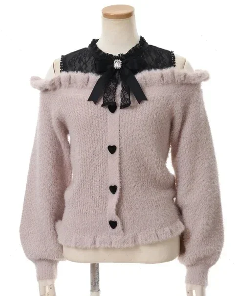 

Sweet Lolita Spring Clothes Women Off Shoulder Sweater Pullover Student Elegant Long Sleeve Knitwear Bow Lace Waist Slim Sweater
