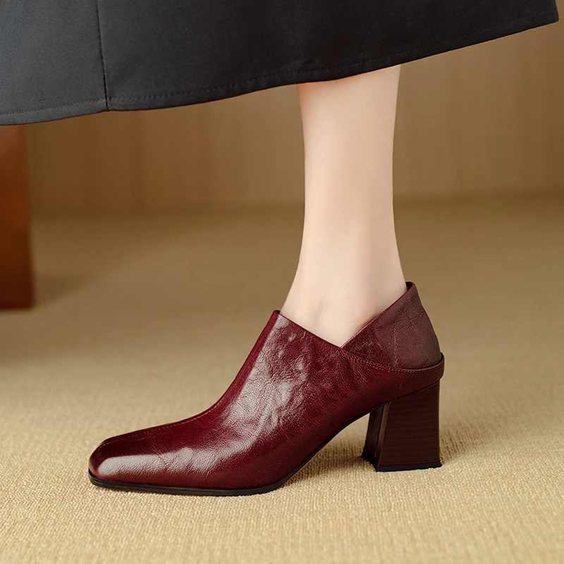 

Women's new genuine leather sheepskin square toe French retro thick heel high heels deep mouth fashion single shoes work shoes