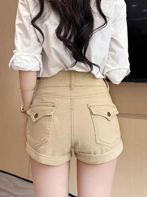 Khaki High Waist Denim Shorts Women Summer 2026 New Style Two Button Cuffed Butt Lifting Slimming Hot Pants Straight Leg