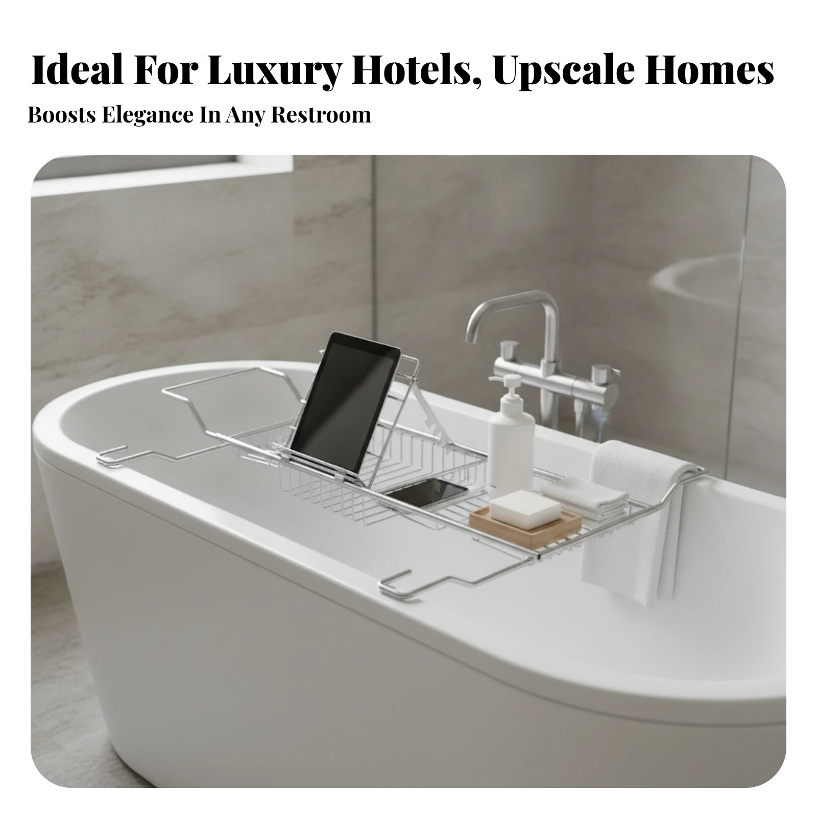 Tablet Holder Bath Rack Open Metal Extendable Bath Tray Expandable Bathtub Tray Wire Frame Stainless Steel Bathtub Rack