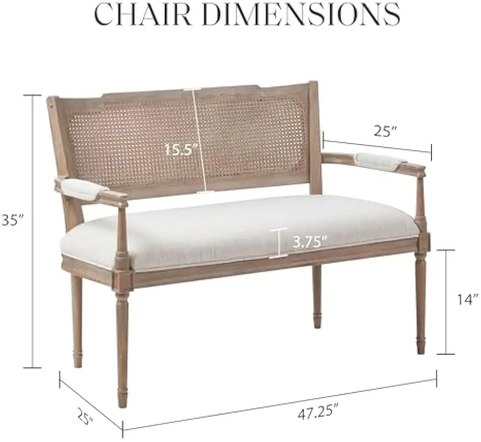 Madison Park Willshire Rattan Settee, Upholstered Seat Charming Country Design, Rustic Wood Finish, Ratan Insert Backrest &