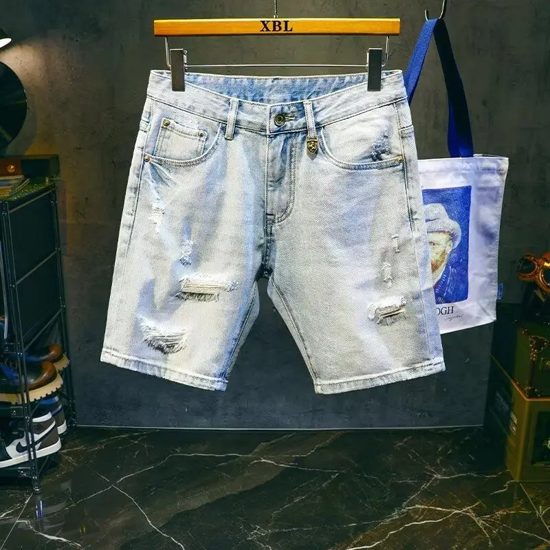 

Waed Denim orts American Street Sle Five-Point Sports Свободные прямые брюки Тонкие летние мужские джинсы orts Повседневная одежда