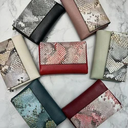 Coin Purse Genuine Cow Leather Tri-fold Snake Pattern Short Wallet Women Card Holders Money Bag Wallets Pocket Flap Over Purses