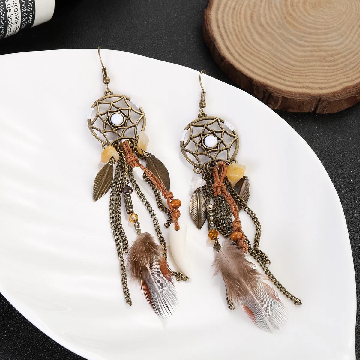 Boho Vintage Women's Dream Catcher Feather Earrings Handmade Stone Flower Tassel Earrings Female Ethnic Fashion Indian Jewelry