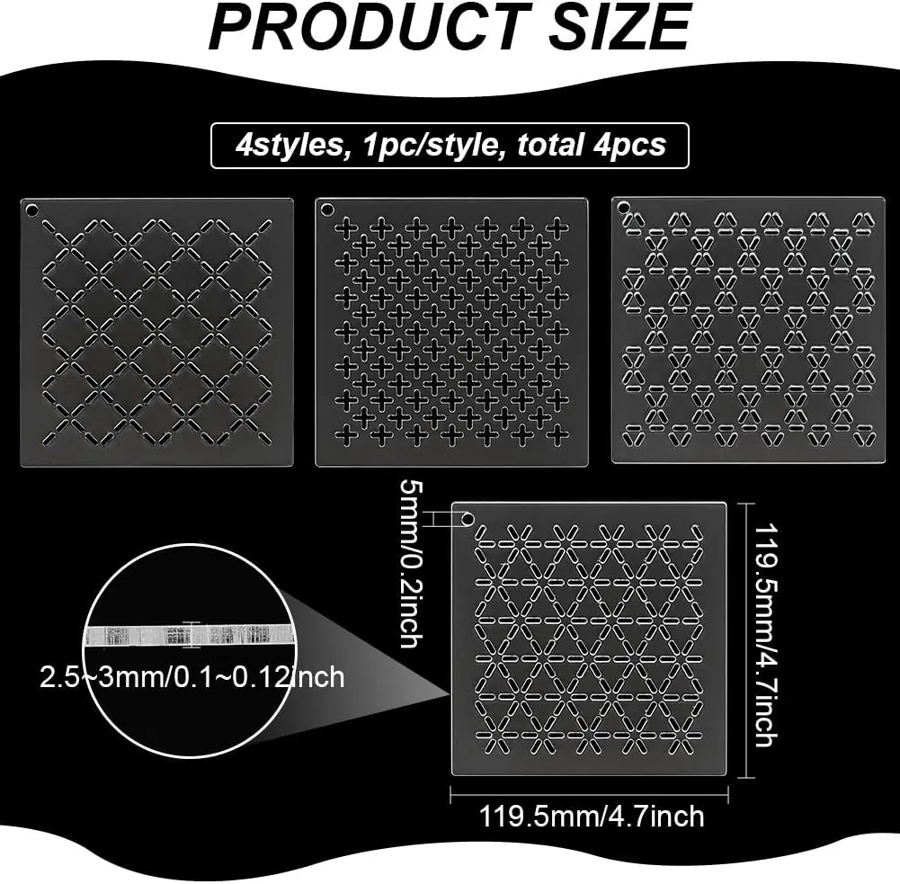 4Pcs Acrylic Sashiko Stencil, Cross Acrylic Embroidery Tool Drawing Line Template for Hand Quilting and Embroidery, 2.5mm Thick