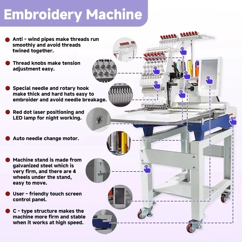 High Quality Computerized Automatic New Motor Flat Cap Embroidery Machine 1 head For T-shirt sewing and embroidery machine