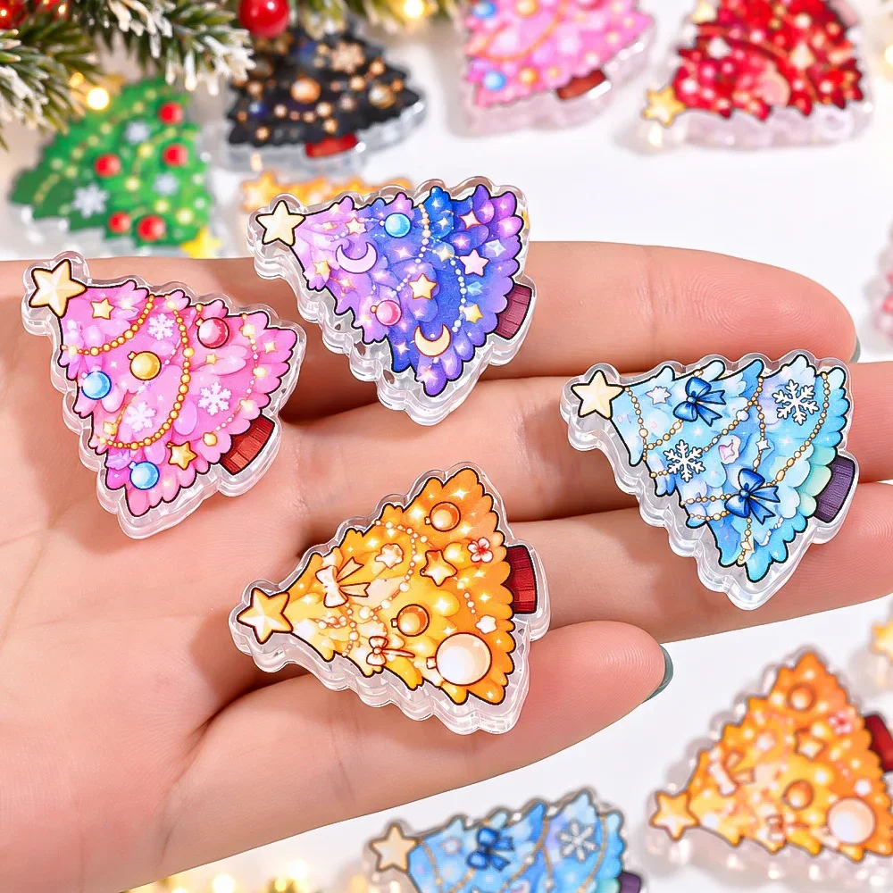 iYOE 6pcs Christmas Acrylic Tree Flat Beads Double Sided Cartoon Large Hole Beads for DIY Jewelry Making Bracelets 27x32mm