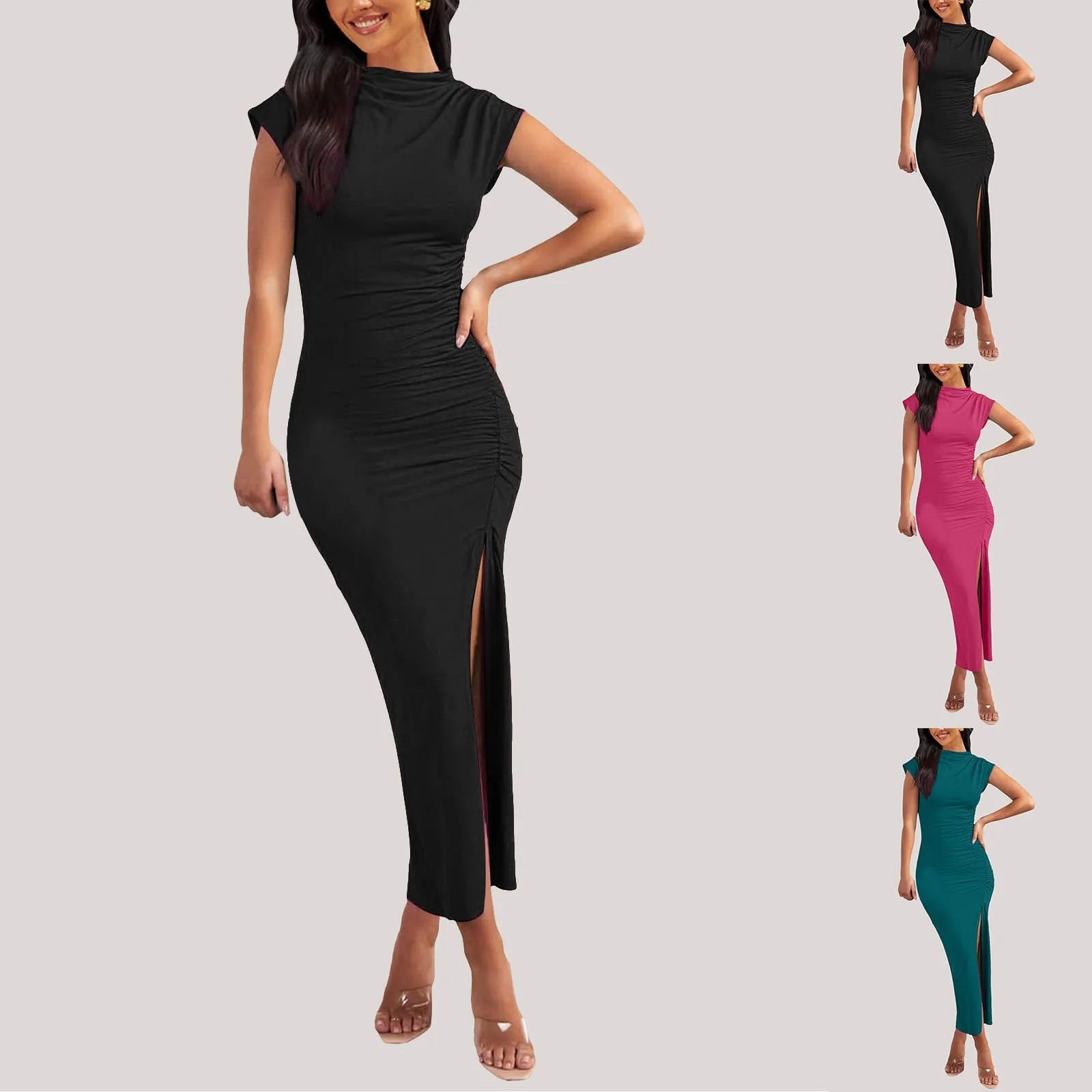 Summer Women's Slim Party Dresses Round Neck Sleeveless Shoulder-padded Bodycon High Waist Midi Dress Spring Female Chic Dress