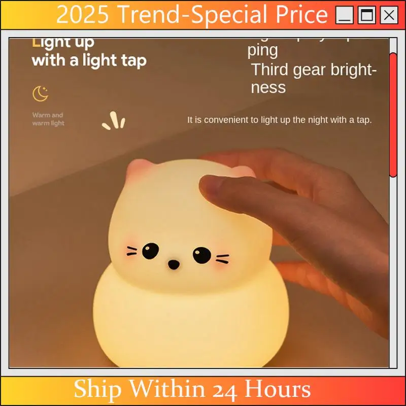 Chyy topo gato silicone luz da noite bonito dos desenhos animados gato luz suave lâmpada de dormir atmosfera sensor toque lâmpada tapinhas