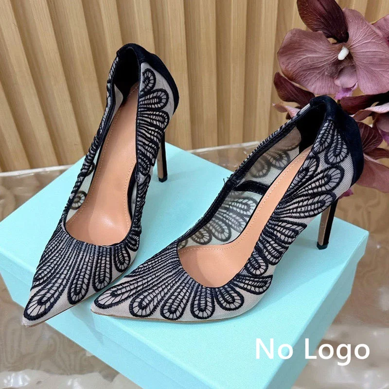 Summer new 2026 women's shallow embroidery design high heels mixed color pointed fashion versatile slim and sexy high heels