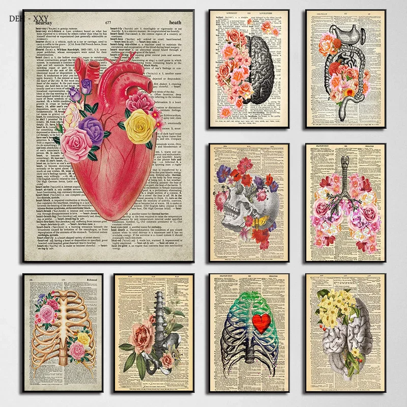 Human Organs Flower Art Canvas Painting Vintage Medical Anatomy Pictures on The Wall Posters Cuadros Hospital Clinic Wall Decor