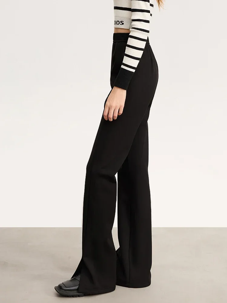 

AMII Pants For Women Fashion 2025 Winter New Elastic Waist Split Plus Fleece Casual Slim Solid Trousers Female Clothing 12344311