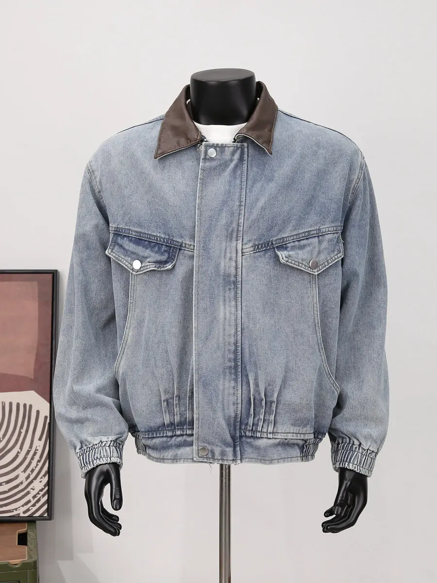 

High Quali American Retro Patchwork PU Leather Collar Denim Jaet Men's Casual Loose Waed Outerwear Autumn Season