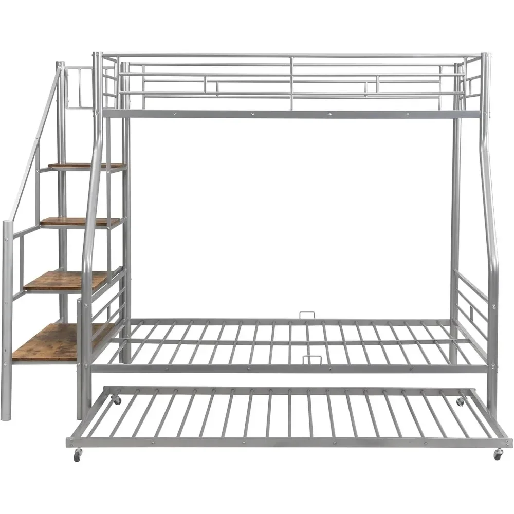 سرير، سرير معدني بطابقين مزدوج الحجم بالكامل مع درج دولاب وتخزين، إطار قوي شديد التحمل للأطفال والشباب،