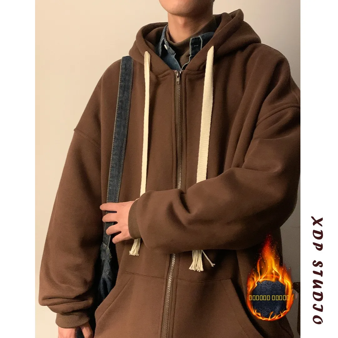 

Мужской утепленный флисовый кардиган с капюшоном, плотный зимний жакет в американском стиле, свободный спортивный повседневный костюм