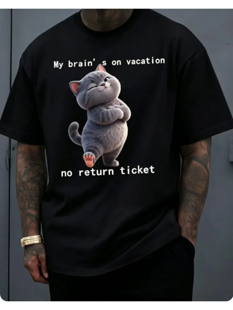 Mens Bright Blue Cotton Tee Fluffy Grey Kitten Funny Vacation Quote Slogan Crew Neck Short Sleeve Loose Male Street Casual Top