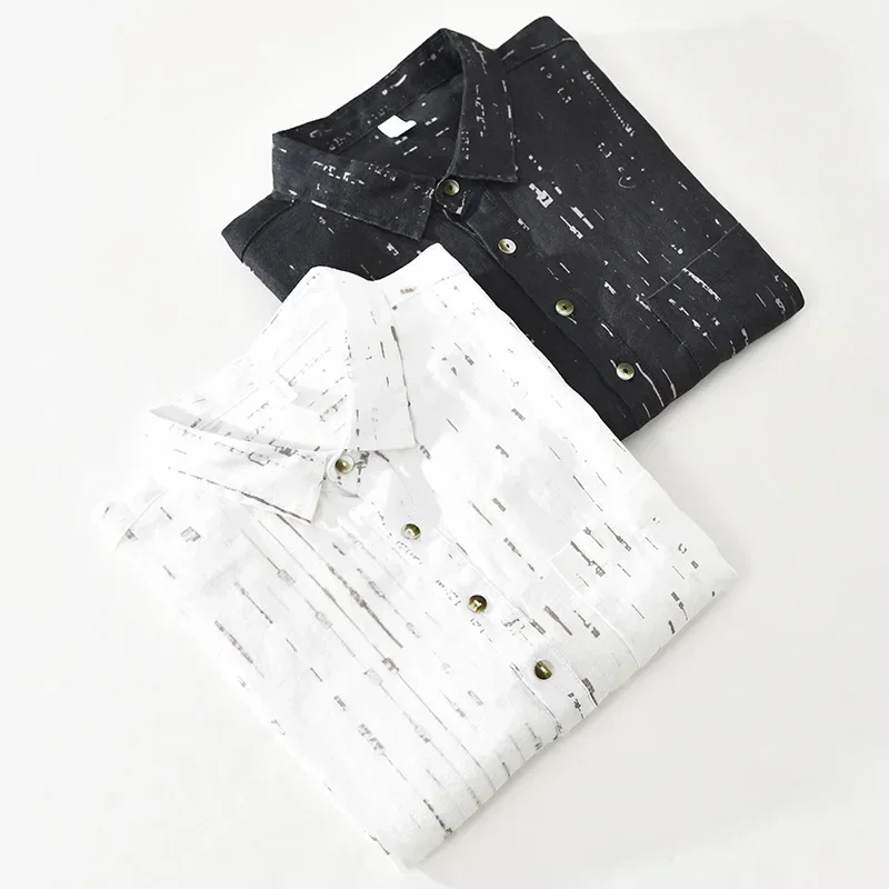 

Летняя мужская рубашка из чистого льна с коротким рукавом, дышащая, повседневная, с карманами, с принтом, в стиле «ленивый шик», для пляжа