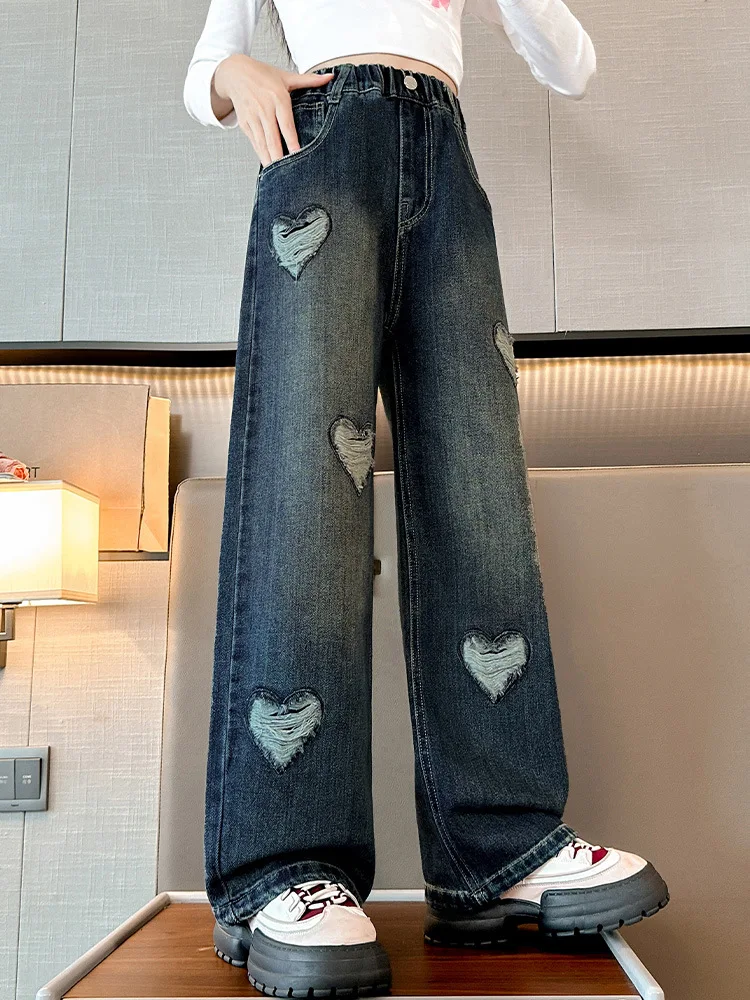 Teen Girl Black Jeans 2024 Pop Street Trendy Hole Broken Ripped heart Straight Narrow Loose Wide Leg Pants junir kids trousers