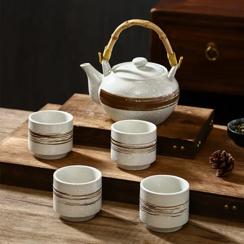 Japan Retro Kiln Transformation Clay Tea Set Creative Wave Pattern 1 Pot 4 Cups Coffee Set Home Bar Decoration Drinking Utensils