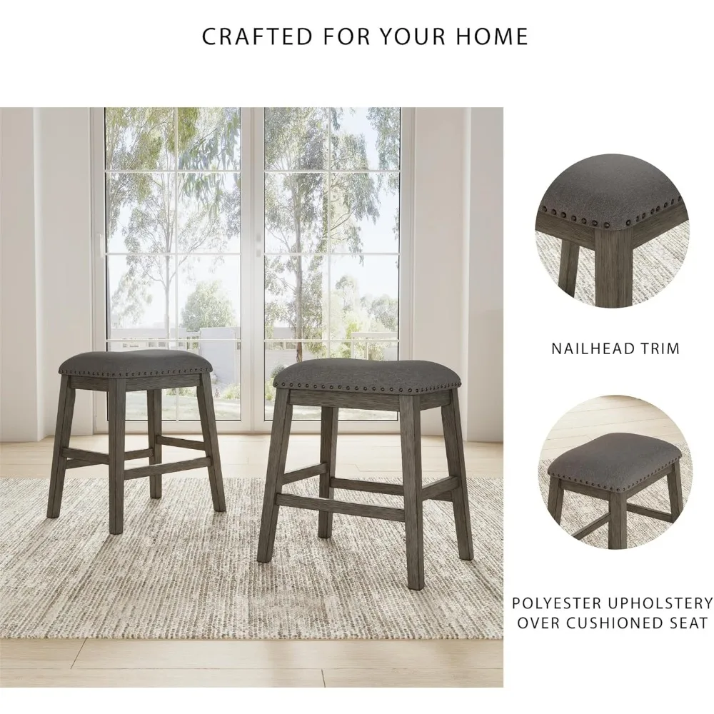 Rustic Gray Counter Height Upholstered Barstool Set of 2, Solid Wood with Nailhead Trim