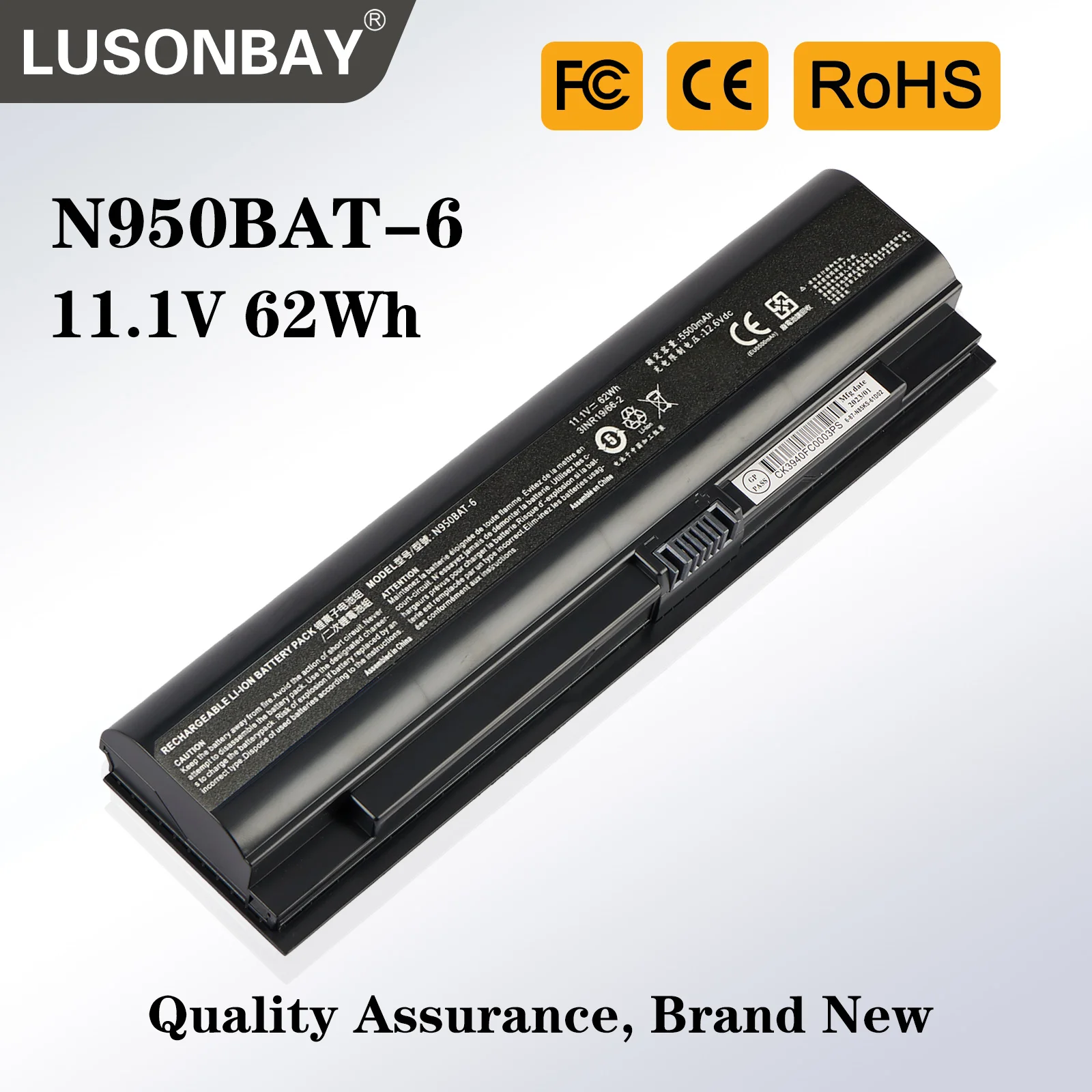 

Аккумулятор LUSONBAY N950BAT-6 для ноутбуков HASEE ZX7-CP5S2, ZX7-CR6DE, ZX7-G4T1, CJSCOPE SX-750, GX Series, 11.1V, 62Wh