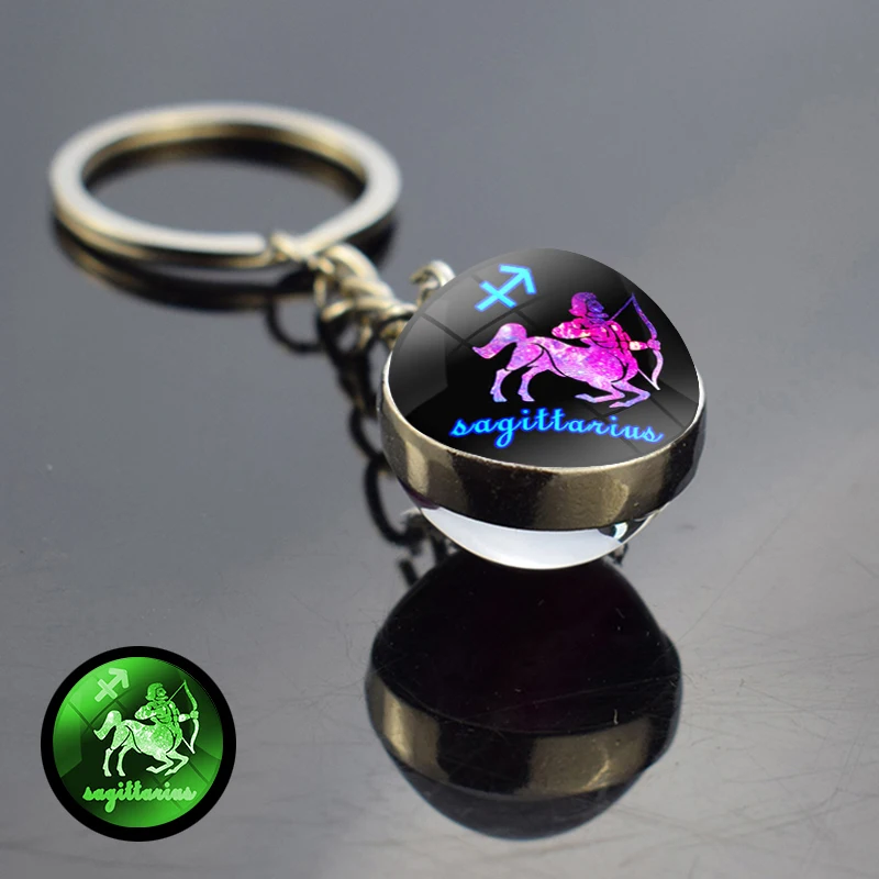 Glow In The Dark 12 Constellation Key Ring Double-Sided Zodiac Glass Ball Metal Keychain Pendant Key Chain Birthday Gift