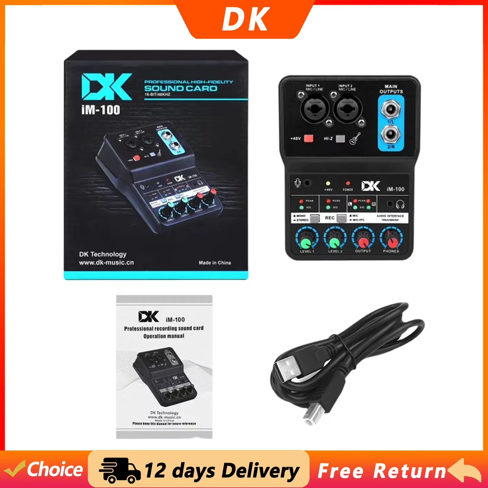 DK Sound Card Mixer 2 Channels High-Fidelity Audio Interface Sound Card Console for Guitar Recording Studio Singing
