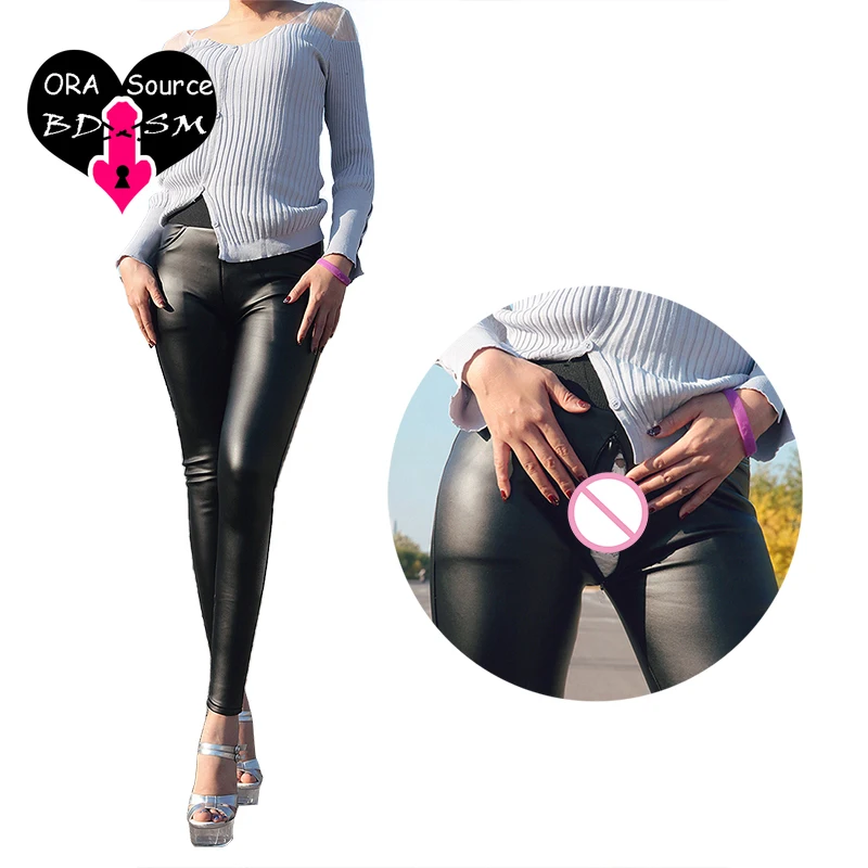 Vrouw Open Kruis Slipje Sexy Lederen Lange Broek Dubbele Ritsen Crotchless Mode Skinny Kleding Erotische Pu Leggings