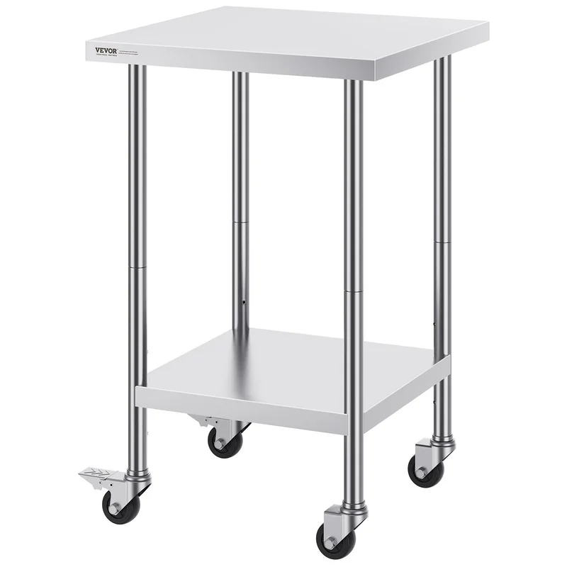 

Stainless Steel Worktable 24x24x38 Inch, 4 Wheels, 3 Height Settings, Heavy Duty Food Prep Table for Commercial Kitchen, Silver