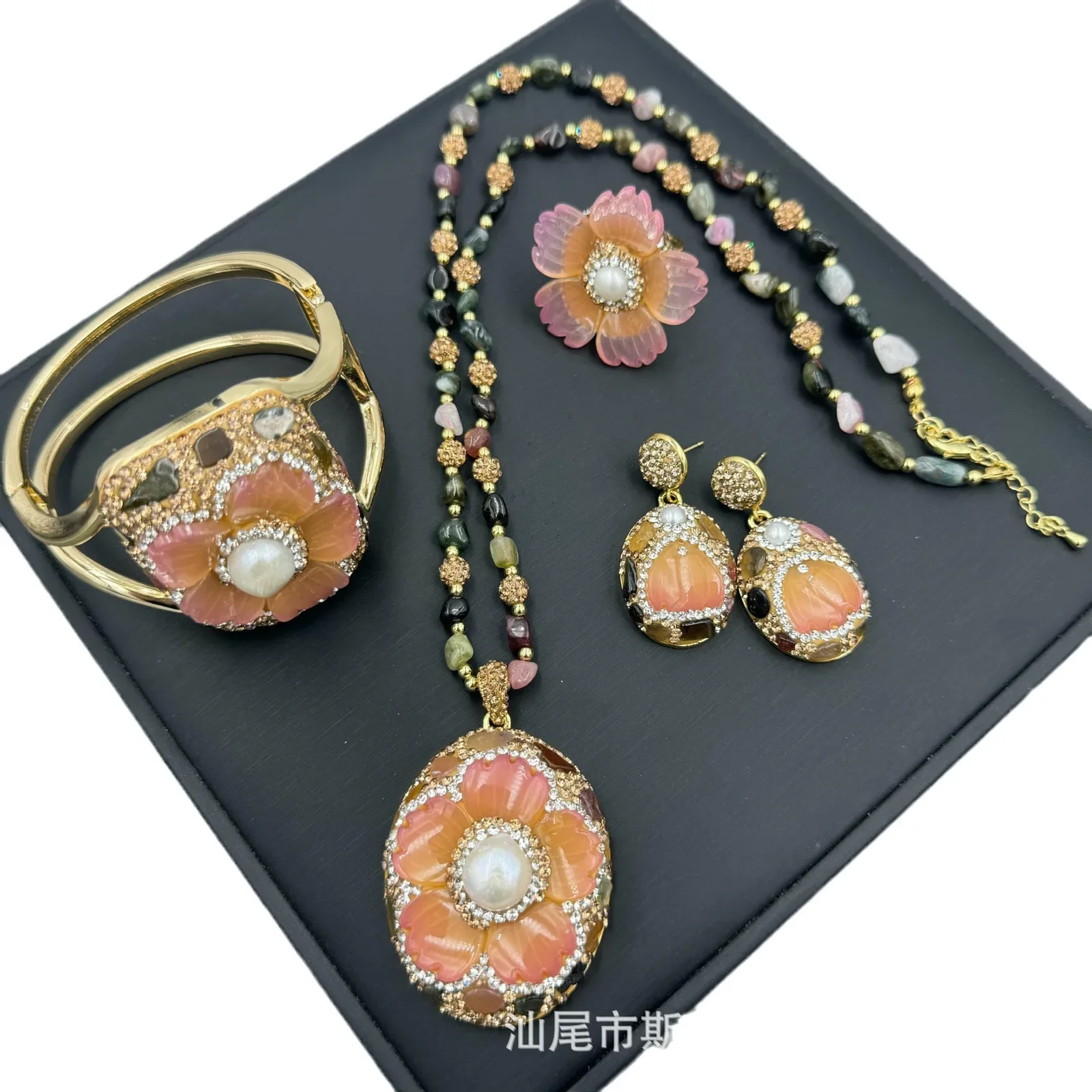 New natural tourmaline inlaid pearl flower set necklace ring bracelet four-piece set niche jewelry wholesale