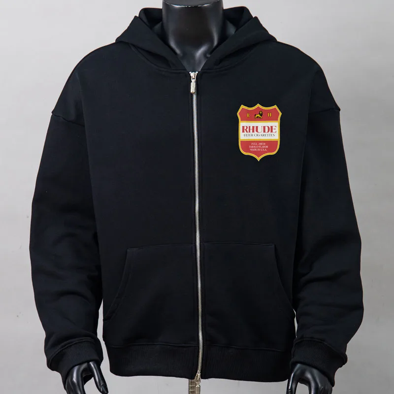 Streetwear Color Block Badge Print RHUDE Zip Hoodies Black Heavyweight Loose Man Woman Hooded Sweatshirts
