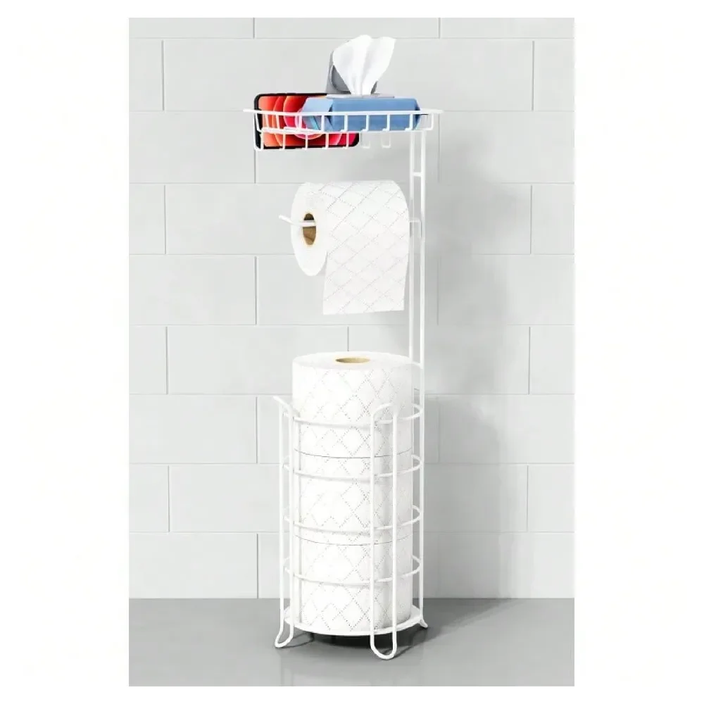 

Toilet Paper Holder Stand With Shelf, Free Standing Bathroom Tissue Holder For Large Mega Rolls, Metal Floor Toilet Paper Roll