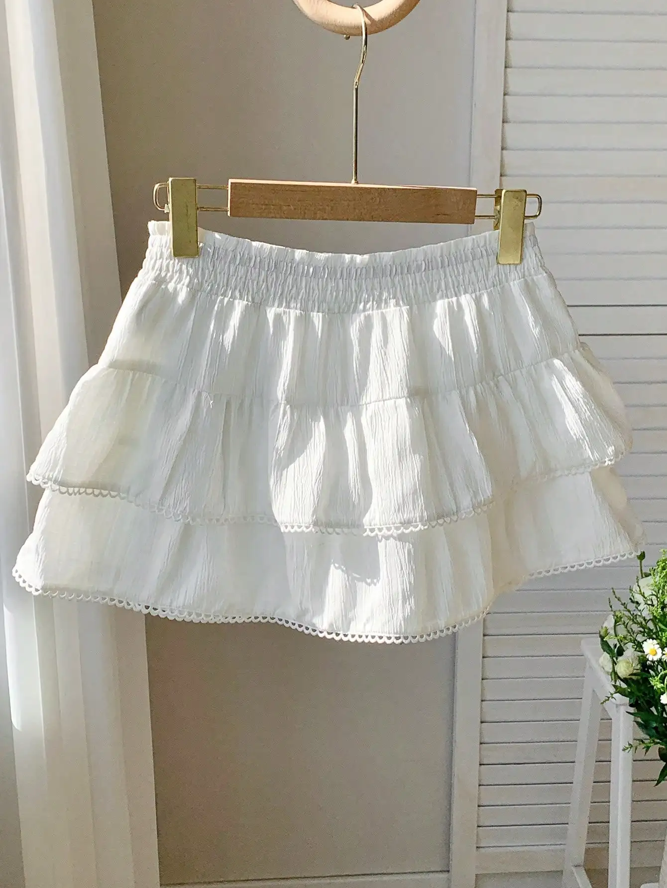 Jupes-shorts confortables pour femmes, jupe trapèze tissée blanche pour Concert de campagne, taille élastique, ourlet à volants