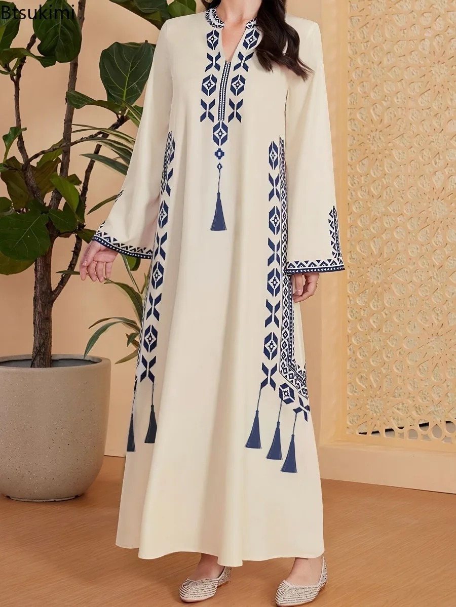 

Fashion Muslim Abaya Women's Print V-neck Robe Spring New Long Sleeve Ethnic Style Casual Maxi Dress Arab Elegant Women Clothing