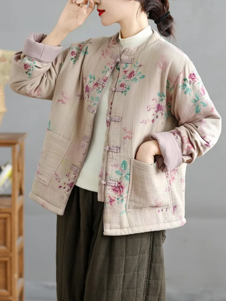 

Thiened Cotton Jaet Women's Winter Outerwear Linen Print Button up Coat Warm Loose Cotton Top with Cotton Sandwich