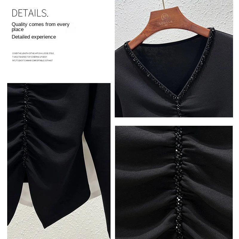 Nail Diamond V-Neck Long Sleeve T-shirt Spring and Autumn New French Pleated Black Cotton Plus Size Black Top (M-3XL)