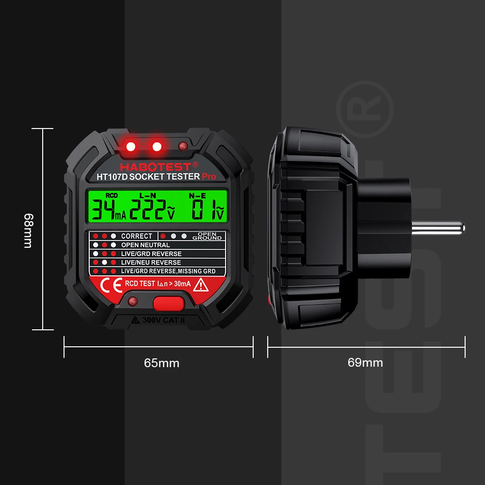 HABOTEST HT107 Socket Tester Pro Voltage Test RCD 30mA Socket Detector UK EU Plug Ground Zero Line Plug Polarity Phase Check