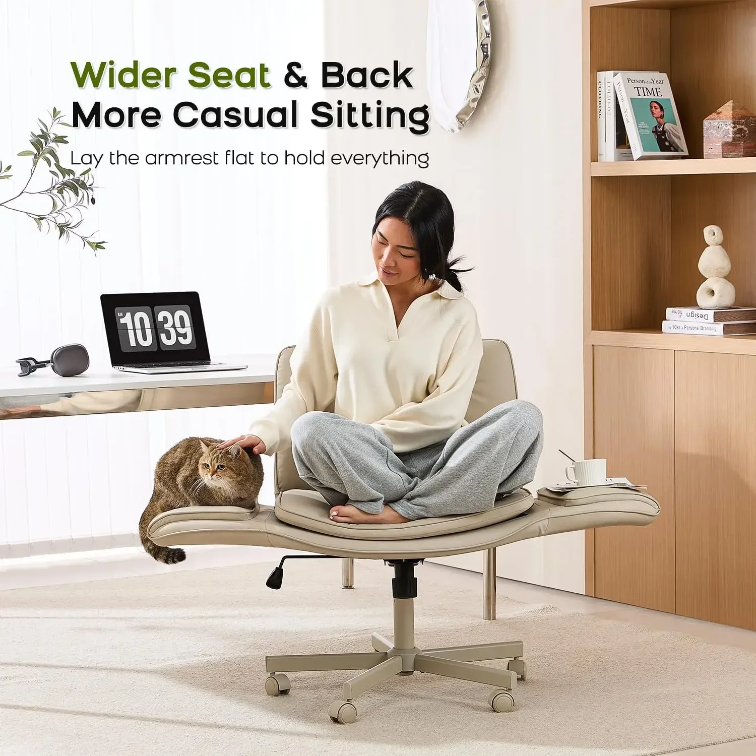 [شحن مجاني، وصول جديد! ] كرسي متقاطع مع مساند للذراعين وعجلات، كرسي زينة من جلد البولي يوريثان، شركة دوارة مريحة قابلة للتعديل