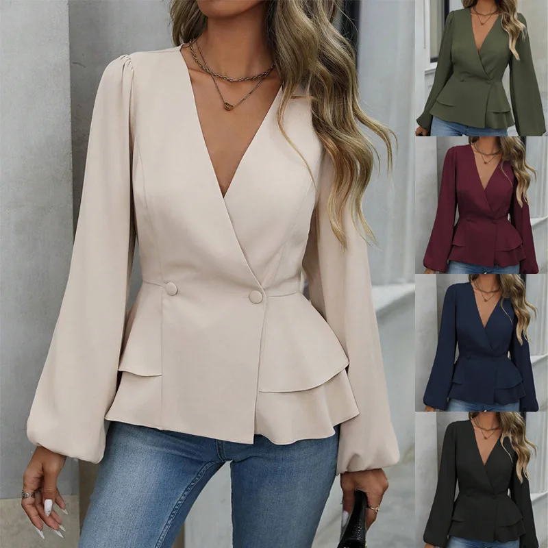 Women French Peplum Blouse V Neck Long Sleeve Puff Sleeve Slim Waist Solid Elegant Casual Shirt For Office Daily