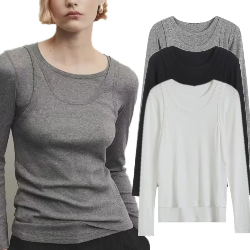 

LUXURY Long Sleeve T-shirts Women Elegant Tank Top Fashion Two Piece Sets Rib Knitted T-shirts Ladies 2025