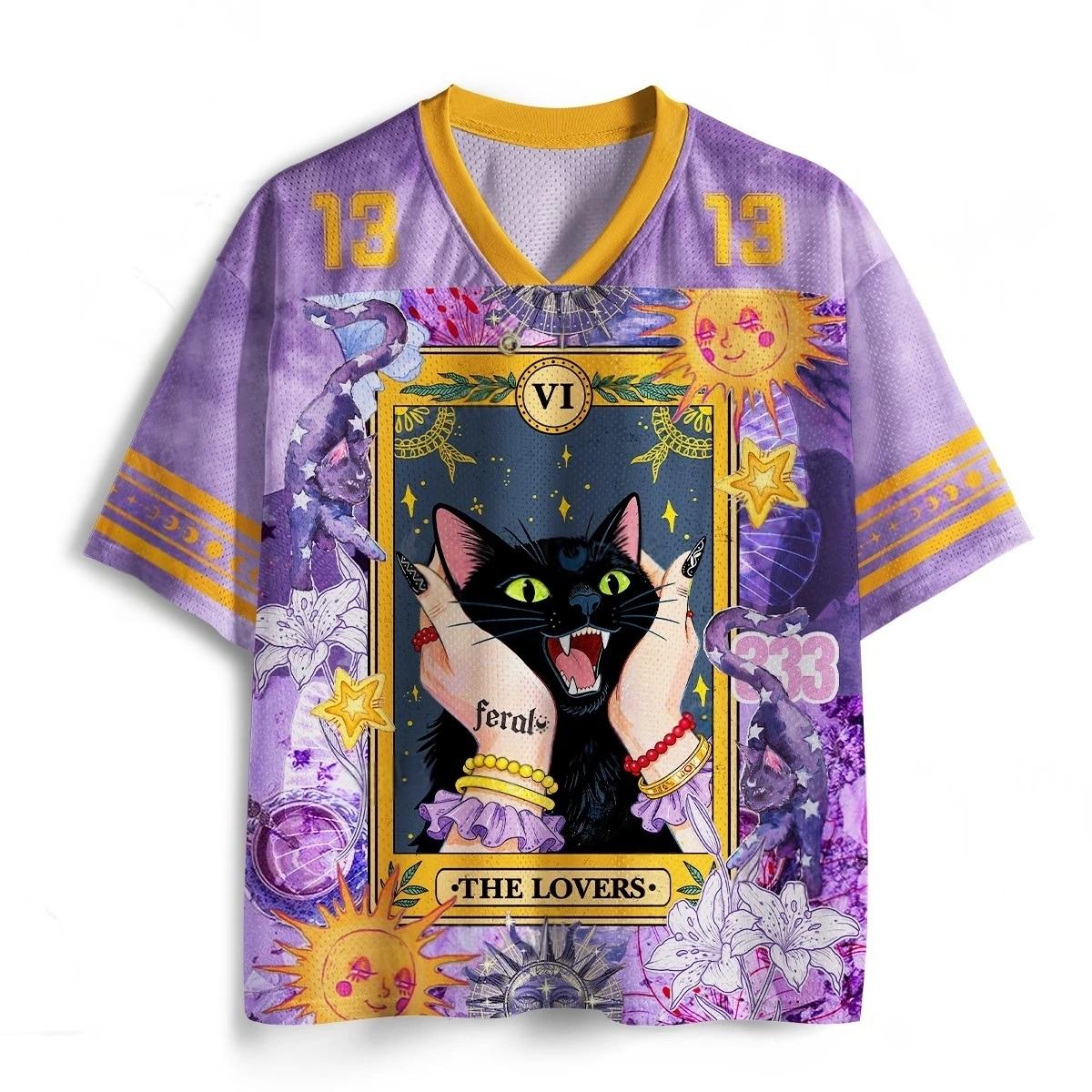Couple Tarot Black Cat No. 13 Jersey with Mysterious Sun and Moon Print Purple Mesh V-neck T-shirt for Adults and Children