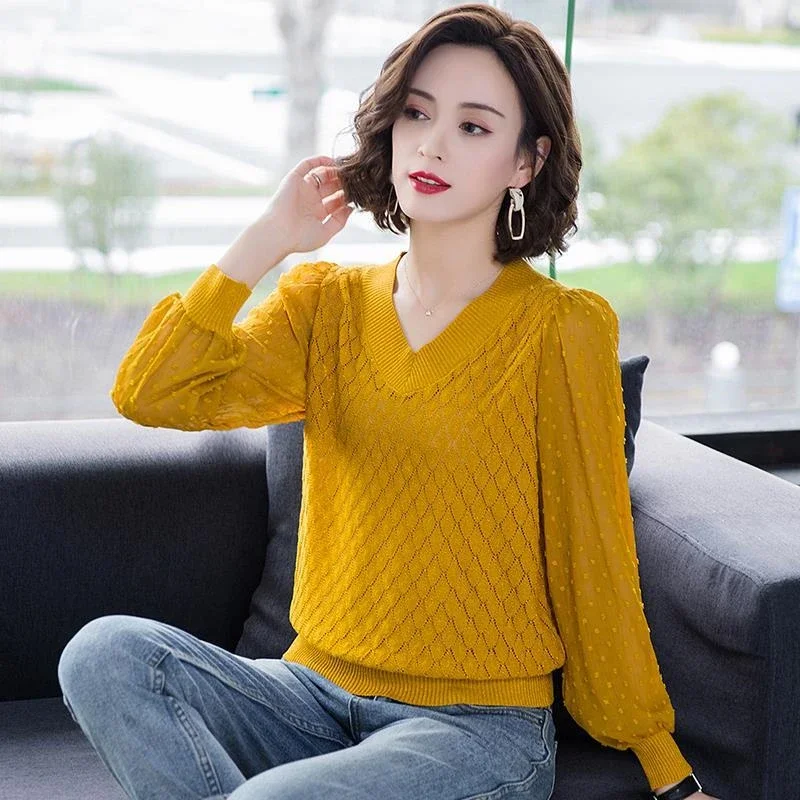 Korean Style Hollow Out knitted pullover Women  Loose Lantern Sleeve Tops Autumn Short Sweater Chic Solid Tee Office Lady E244