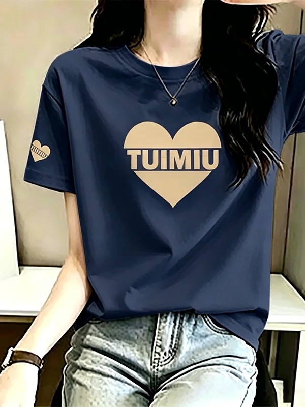 

New Summer Women's Loose Fit Printed T-Shirt round Neck Short Sleeve Breathable Polyester Fiber Fashion plus Size Mom Top