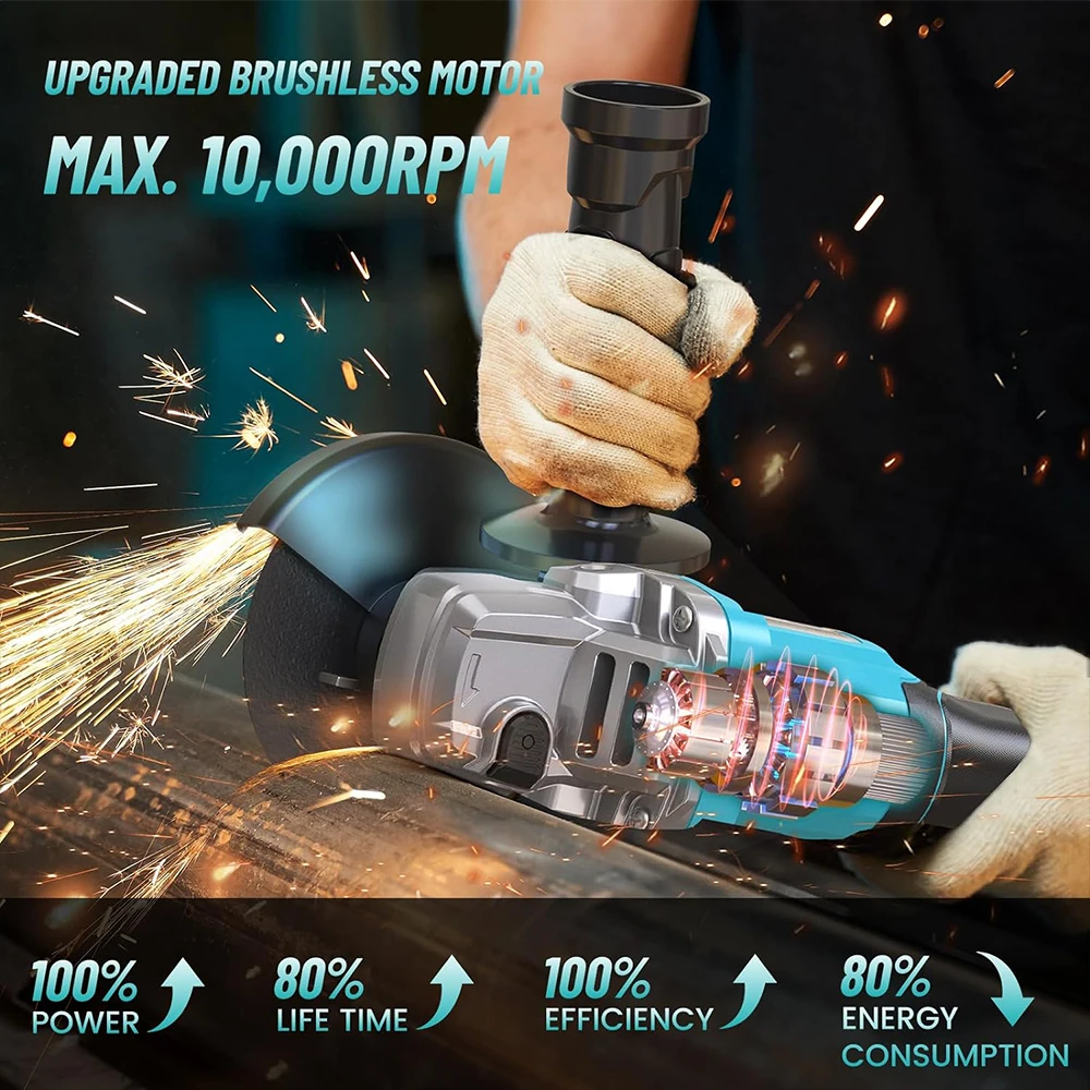 SEESII 21V Brushless Angle Grinder 125mm Cordless Cutting Polishing Machine Electric Li-ion Power Tools for Makita 18v Battery