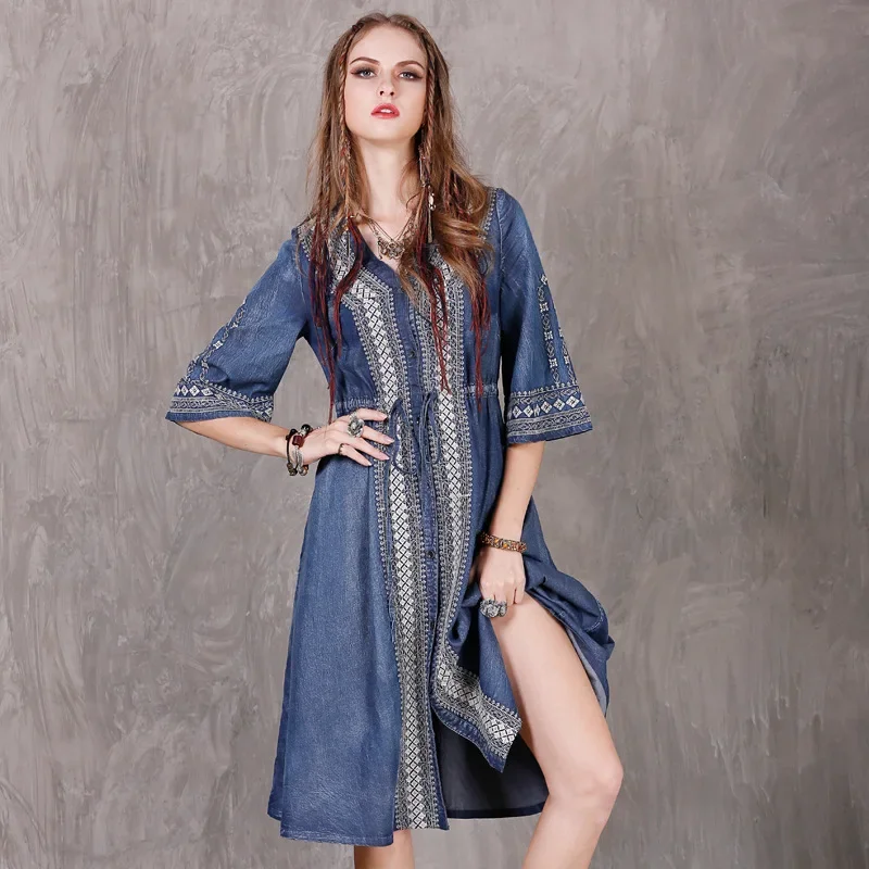 Robe Maxi en Denim Décontractée à Demi-Manches pour Femme, Broderie Vintage de Fleurs, Style Bohème, Bleu, Style Ethnique, Taille Corde, Été