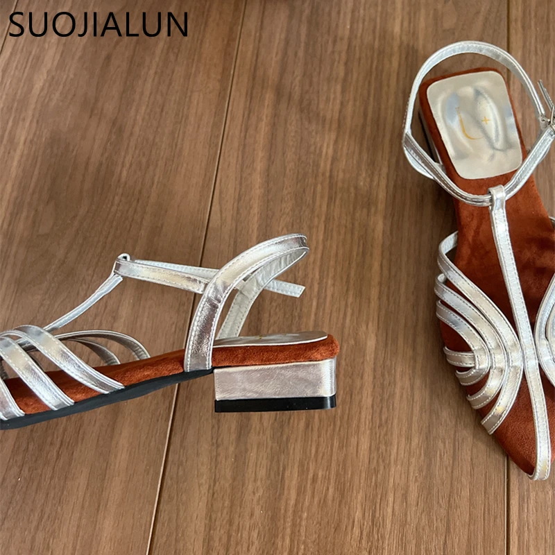 SUOJIALUN 2024 Summer New Brand Women Sandal Fashion Narrow Band Ladies Elegant Slingback Sandals Flat Heel Dress Mules