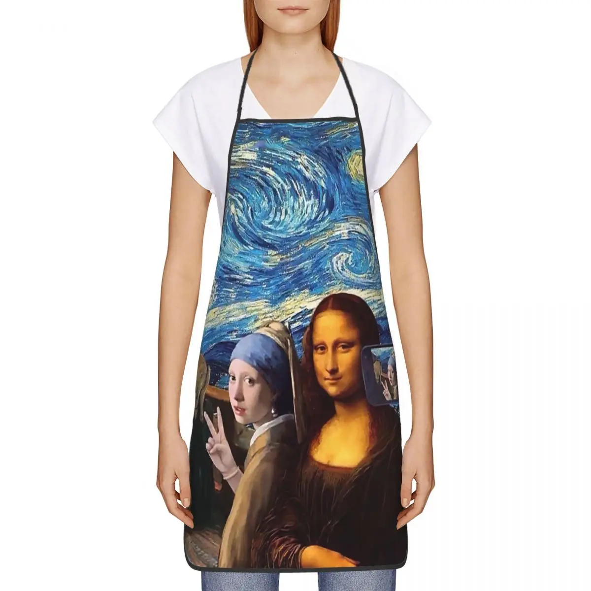 Funny Starry Night By Mona Lisa And Vincent Van Gogh Bib Aprons Men Women Kitchen Chef Tablier Cuisine for Cooking Baking